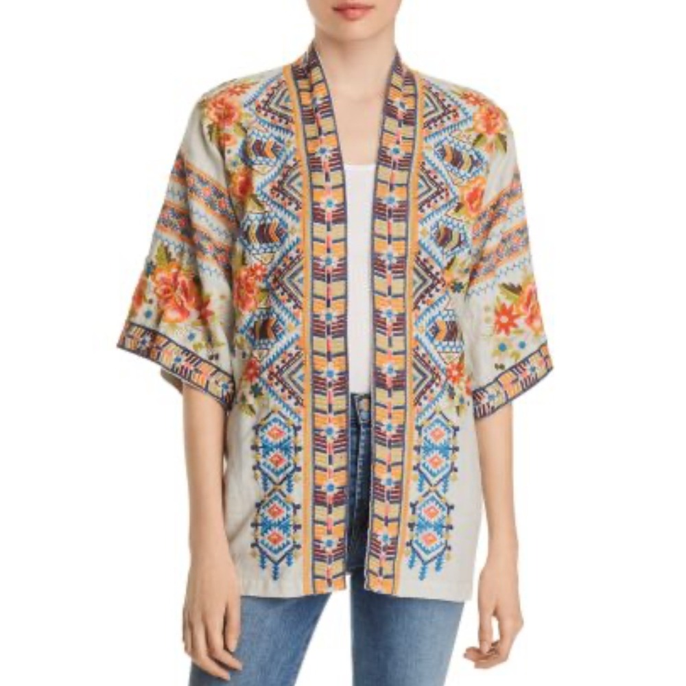 Johnny Was Sentrie Embroidered Linen Kimono Jacket Size Small Boho Colorful